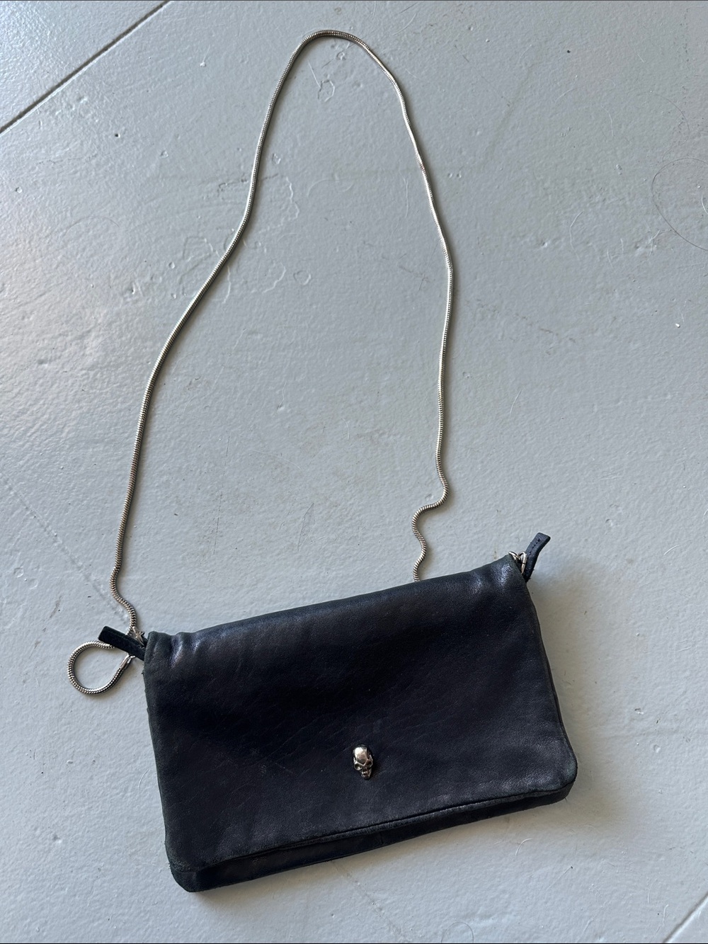 Black super soft Leather Crossbody Clutch with Silver Chain and skull detail